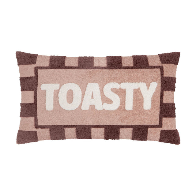 Rectangular lumbar cushion in pink and chocolate striped boucle texture, with "TOASTY" embroidered in cream lettering across the centre panel, shown on a white background.