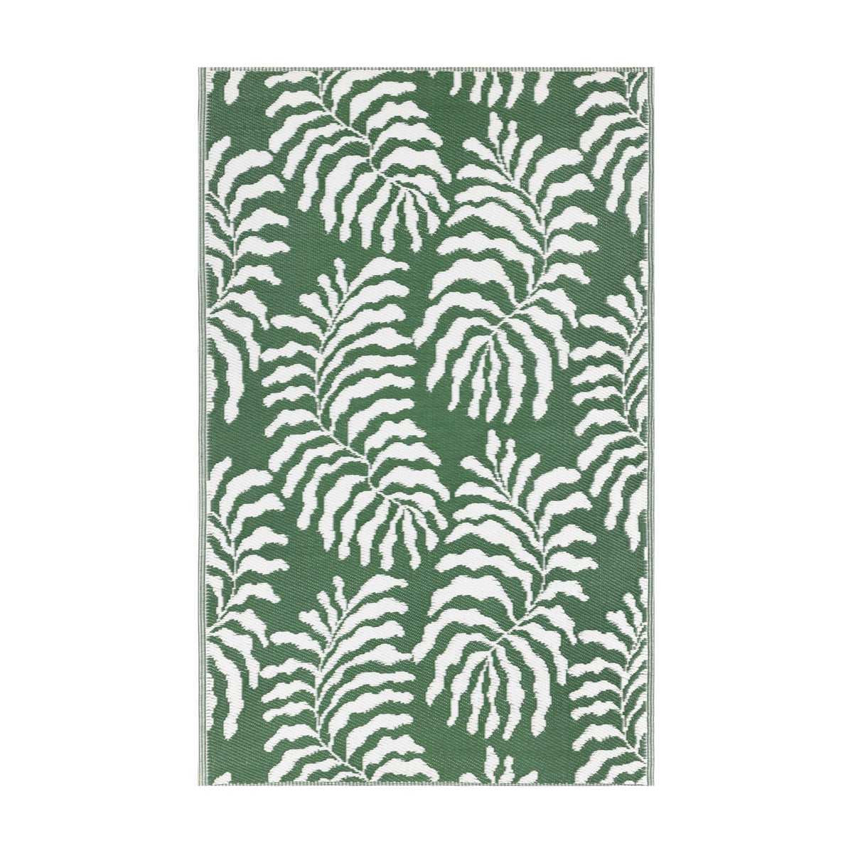 Tocorico Jacquard Jungle Rug in green and white, featuring a bold leaf pattern woven in polypropylene, shown flat on a plain background.