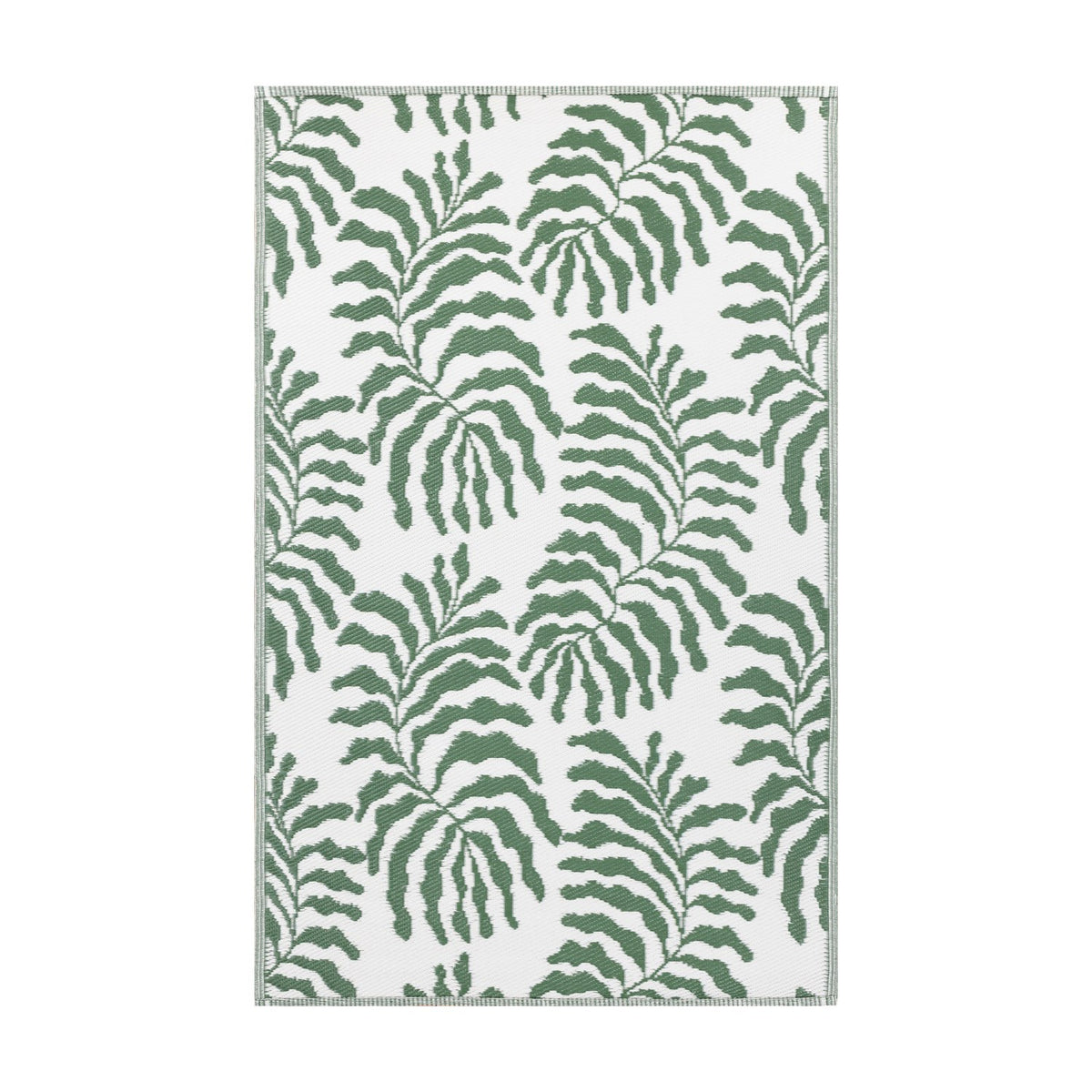 Tocorico Jacquard Jungle Rug in green and white, rectangular with a leaf pattern and striped border, shown on a plain white background.