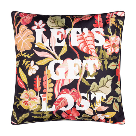 Square black polyester cushion with a tropical floral print in coral, pink, olive and mustard, featuring bold white "Let's Get Lost" text, on a plain white background.