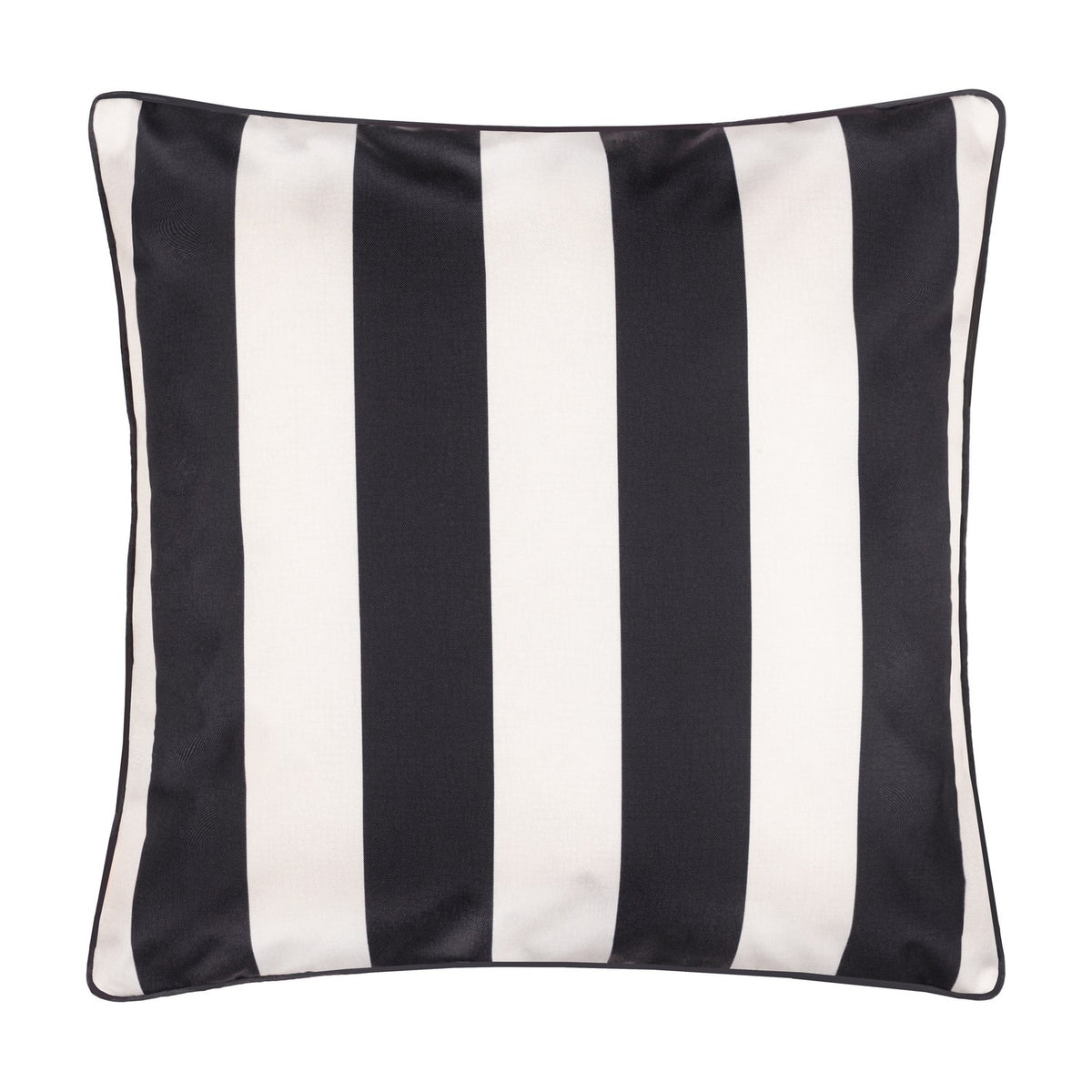 Reversible square cushion in black and cream vertical stripe design on the reverse side, shown on a plain white background.