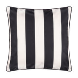 Reversible square cushion in black and cream vertical stripe design on the reverse side, shown on a plain white background.