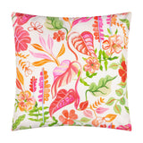 Square Tropical Bloom cushion in polyester, cream ground with hand-illustrated pink, coral, orange and green tropical leaves and flowers, shown on a plain white background.