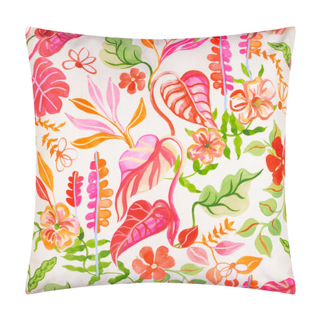 Square Tropical Bloom cushion in polyester, cream ground with hand-illustrated pink, coral, orange and green tropical leaves and flowers, shown on a plain white background.