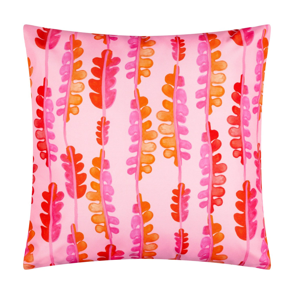 Tropical Bloom Reversible Polyester Cushion showing the pink face with vertical stems of coral, orange and pink leaf motifs on a plain white background.