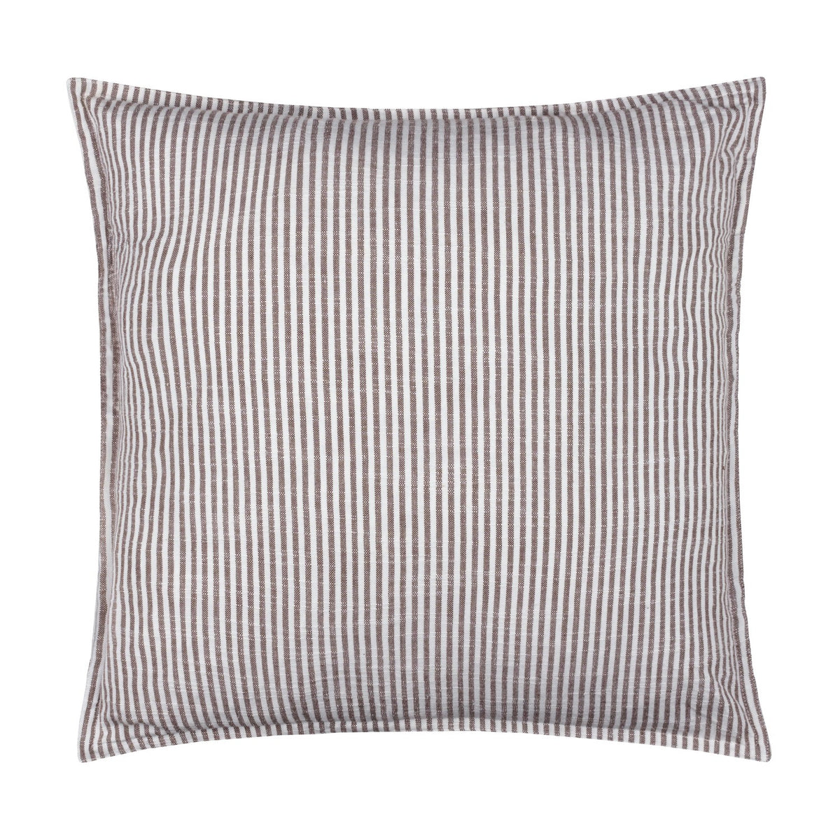 Truro Striped Cotton Cushion in chocolate brown, a square cushion with narrow woven stripes on a slub-weave cotton fabric, shown on a plain white background.