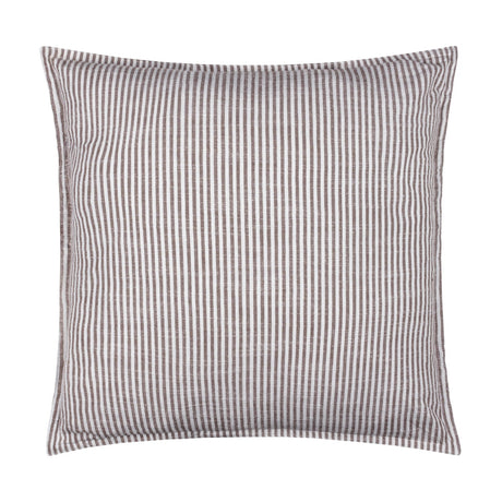 Truro Striped Cotton Cushion in chocolate brown, a square cushion with narrow woven stripes on a slub-weave cotton fabric, shown on a plain white background.