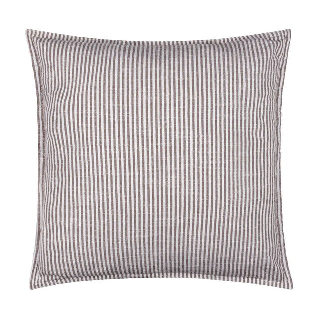 Truro Striped Cotton Cushion in chocolate brown, a square cushion with narrow woven stripes on a slub-weave cotton fabric, shown on a plain white background.