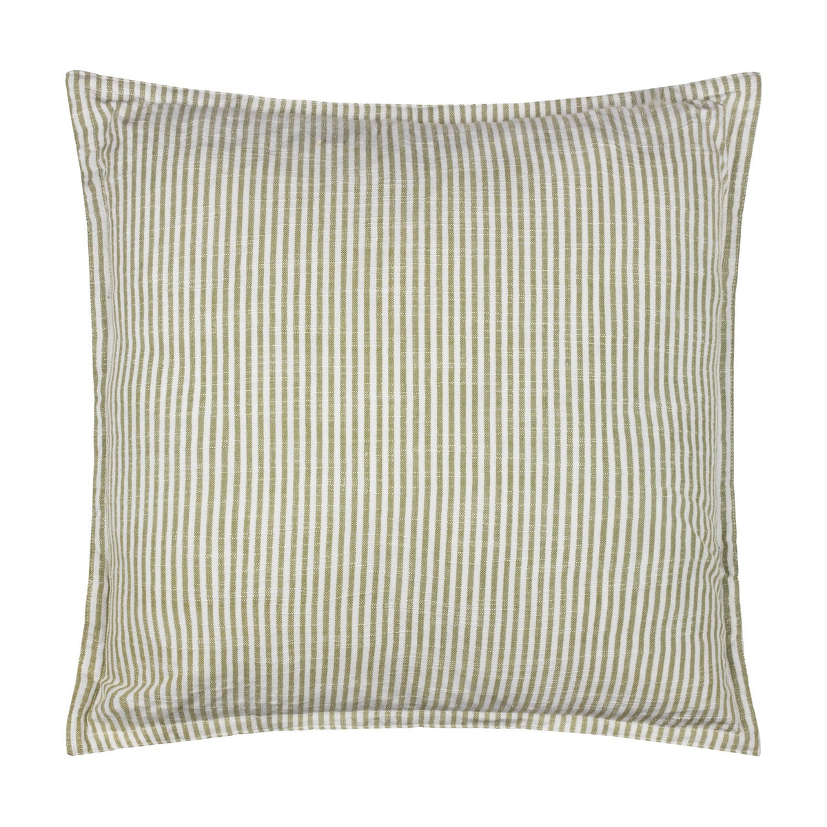 Truro Striped Cotton Cushion in moss green, square with narrow woven stripes and a slub-textured cotton finish, shown against a plain white background.