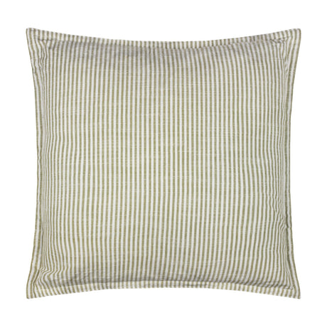 Truro Striped Cotton Cushion in moss green, square with narrow woven stripes and a slub-textured cotton finish, shown against a plain white background.