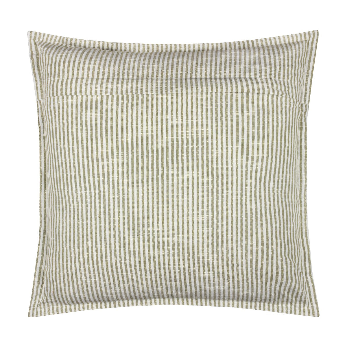 Truro Striped Cotton Cushion in Moss, a square cushion with narrow moss-green and white stripes and a slub-textured weave, shown on a plain white background.