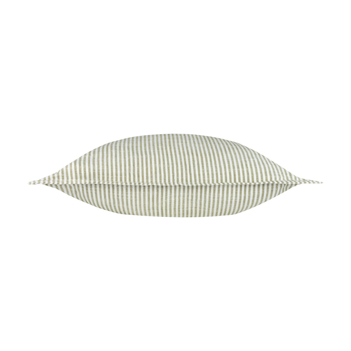Truro Striped Cotton Cushion in moss green, shown side-on in a rectangular shape with fine woven stripes and piped edging, set against a plain white background.