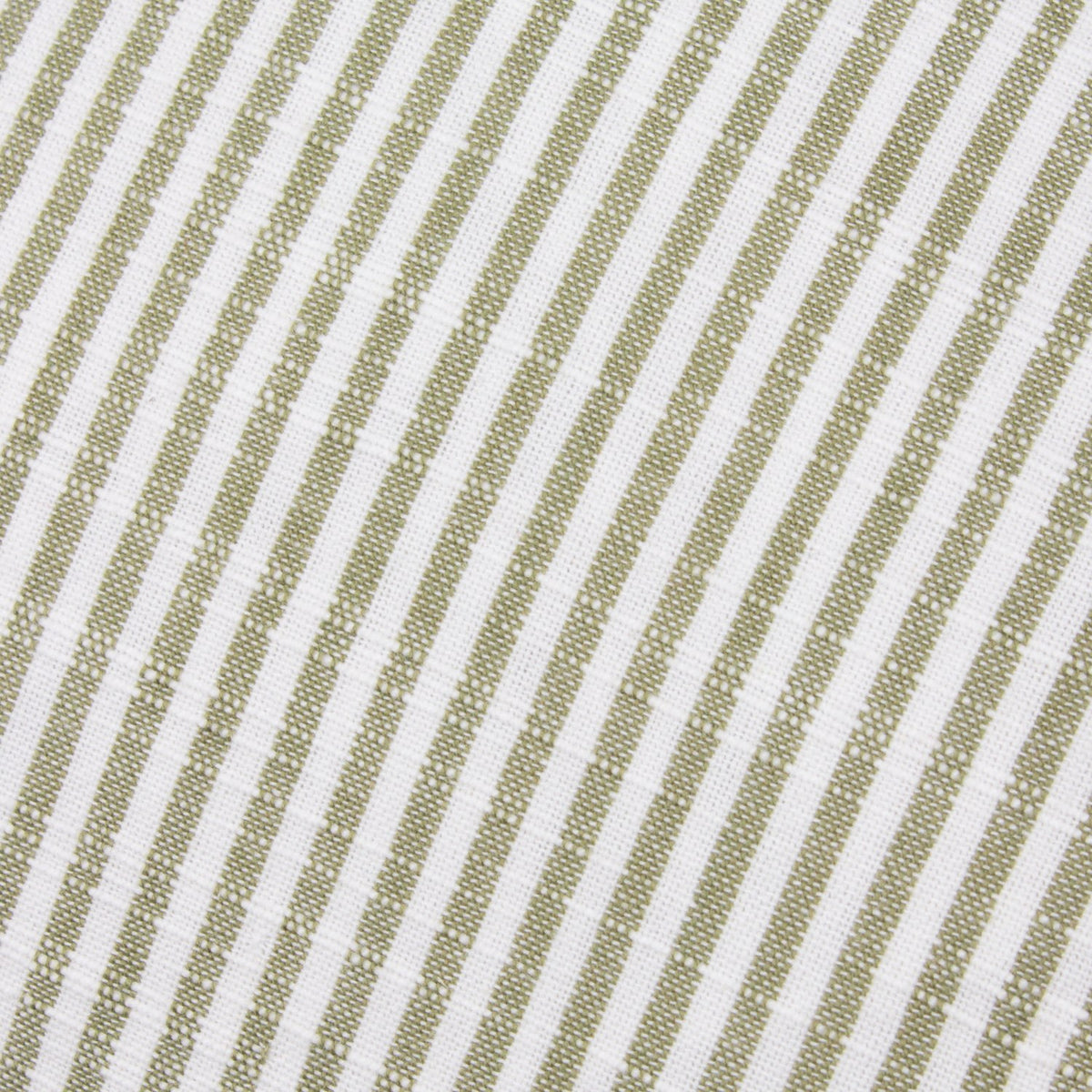 Close-up of the Truro Striped Cotton Cushion in moss green, showing narrow diagonal stripes on a slub-textured white cotton weave.