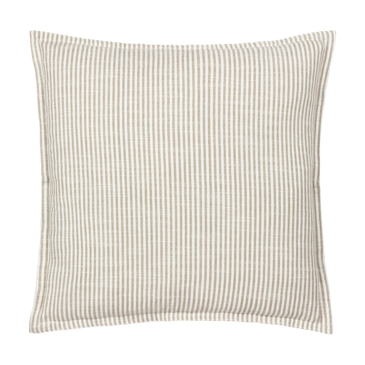 Truro Stripe Reversible Cotton Cushion in natural, a square cushion with narrow beige and white yarn-dyed stripes on a slub-textured cotton fabric, shown on a plain white background.
