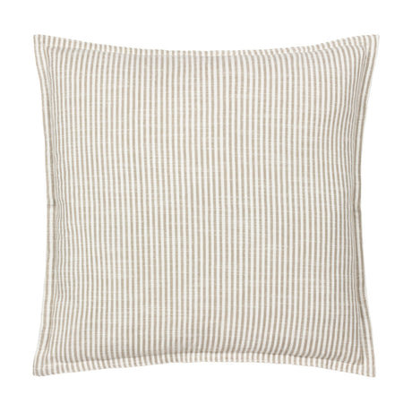 Truro Stripe Reversible Cotton Cushion in natural, a square cushion with narrow beige and white yarn-dyed stripes on a slub-textured cotton fabric, shown on a plain white background.