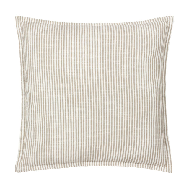 Truro Stripe Reversible Cotton Cushion in natural, a square cushion with narrow beige and white yarn-dyed stripes on a slub-textured cotton fabric, shown on a plain white background.