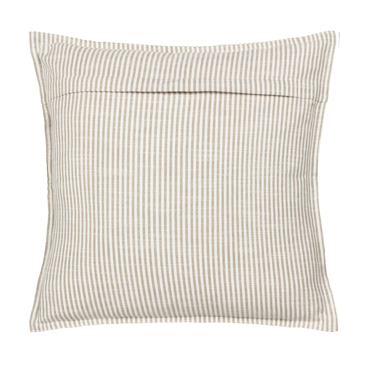Truro Stripe Reversible Cotton Cushion in natural beige, showing the reverse envelope closure on a square cushion with narrow yarn-dyed stripes against a white background.