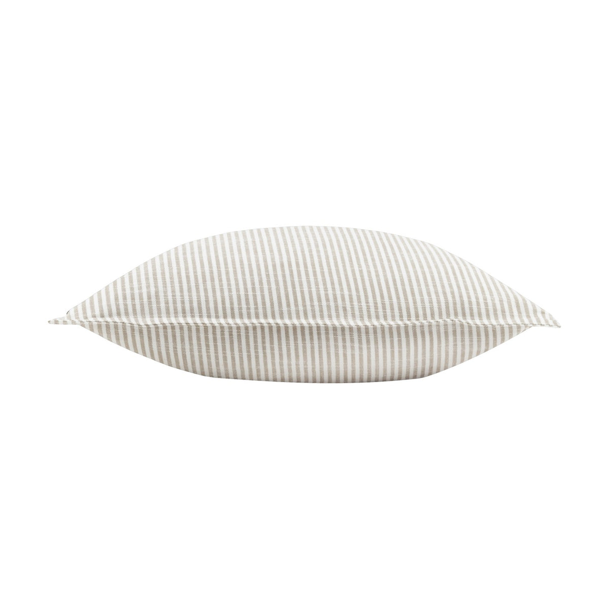 Truro Stripe Reversible Cotton Cushion in natural beige and white stripe, shown side-on to reveal its plump, textured cotton form on a white background.