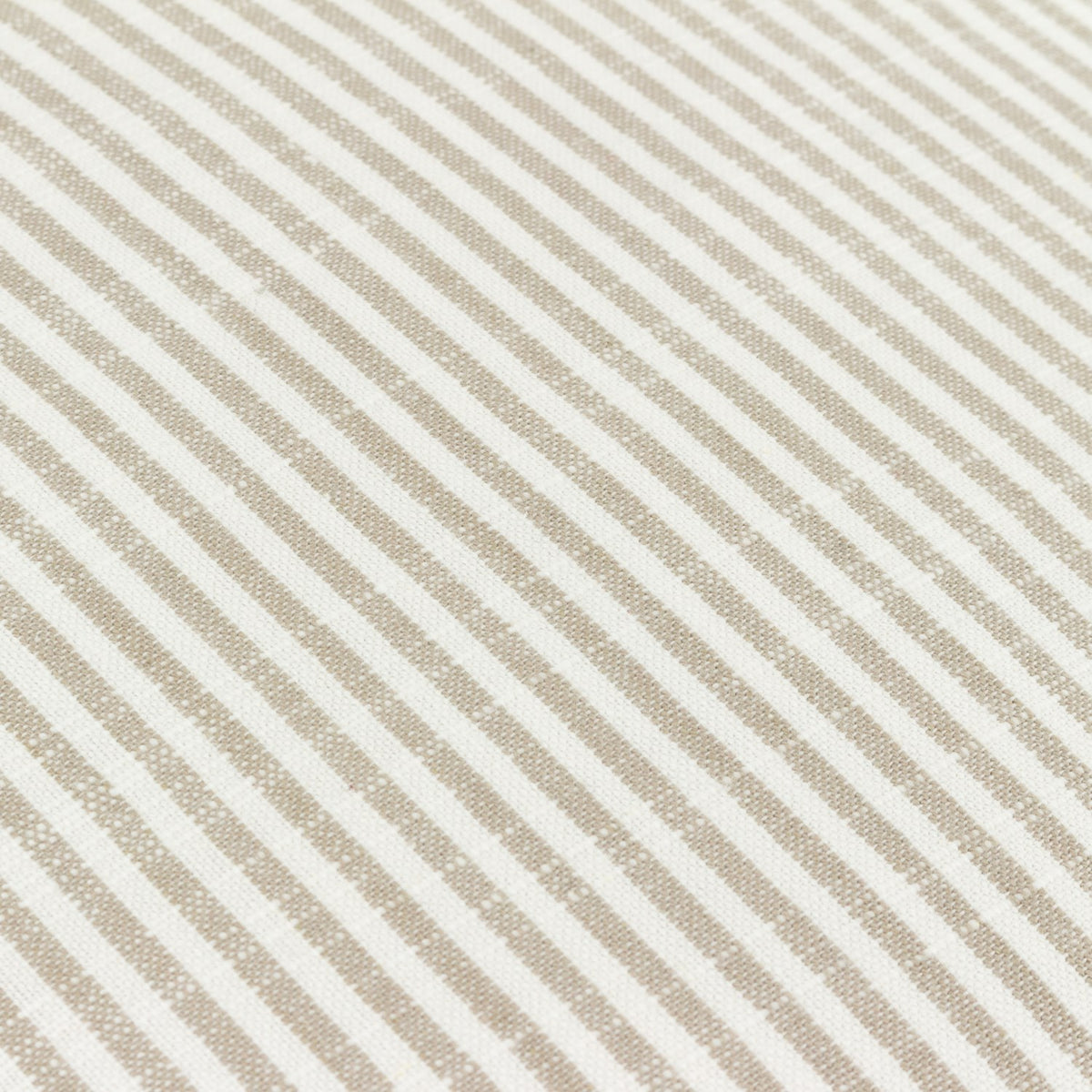 Close-up of the Truro Stripe cushion in natural showing narrow yarn-dyed beige and white stripes on a slub-textured pure cotton weave.