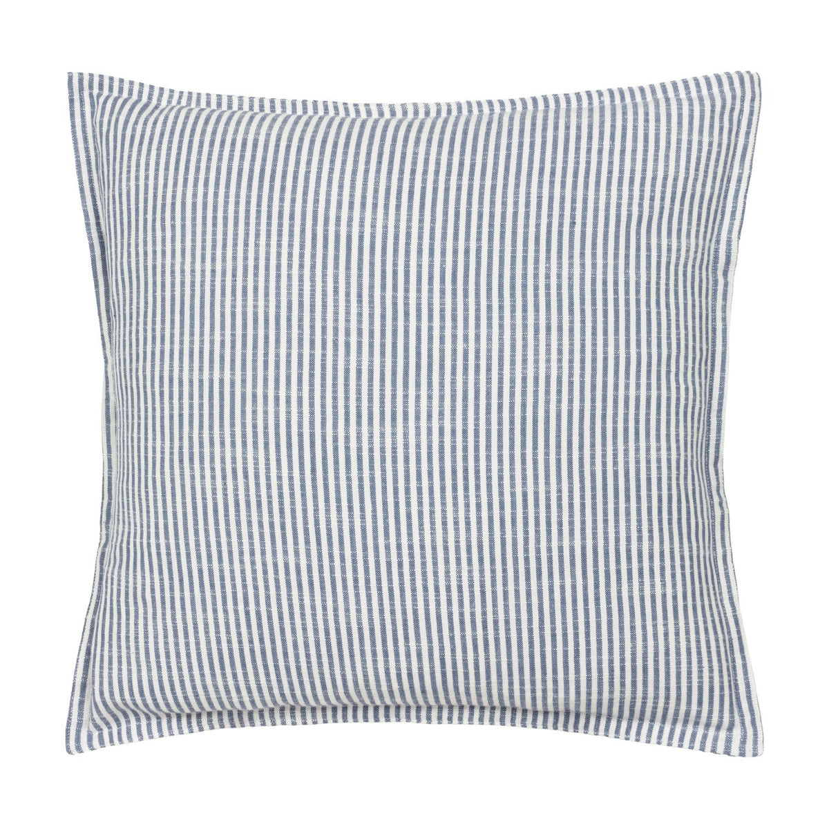 Truro Stripe Reversible Cotton Cushion in Skyline, a square cushion with narrow blue and white yarn-dyed stripes on slub-textured cotton, shown against a plain white background.