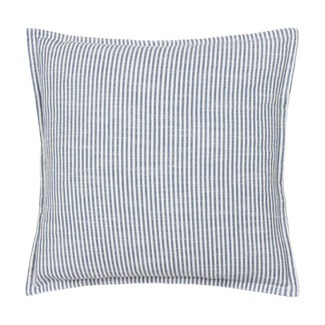 Truro Stripe Reversible Cotton Cushion in Skyline, a square cushion with narrow blue and white yarn-dyed stripes on slub-textured cotton, shown against a plain white background.