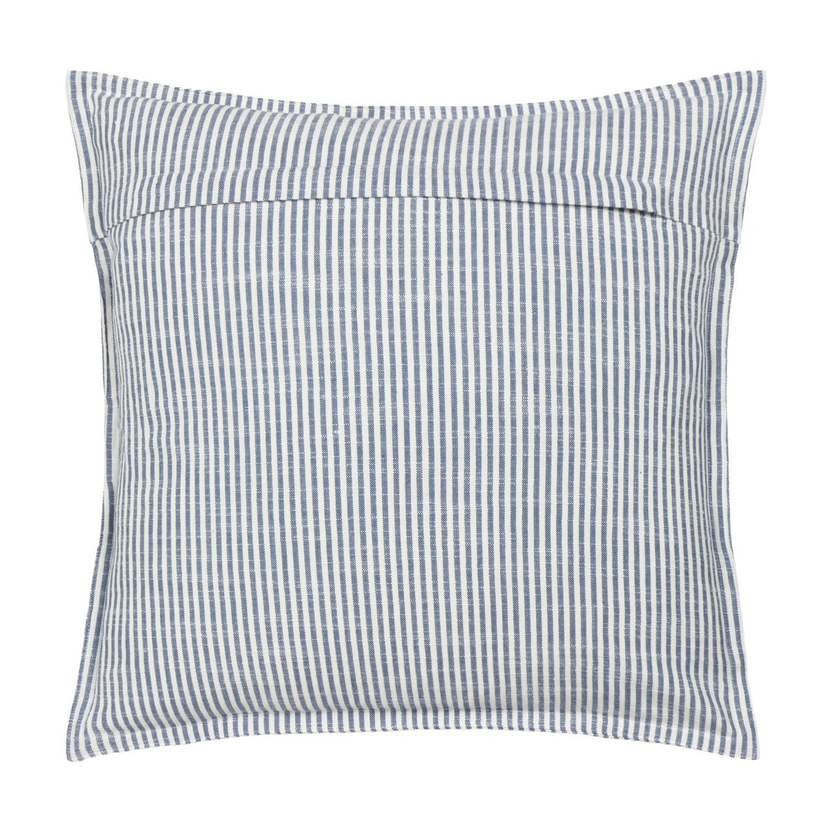 Truro Stripe Reversible Cotton Cushion in Skyline blue, square with narrow yarn-dyed stripes on white cotton and a hidden back opening, shown on a plain white background.
