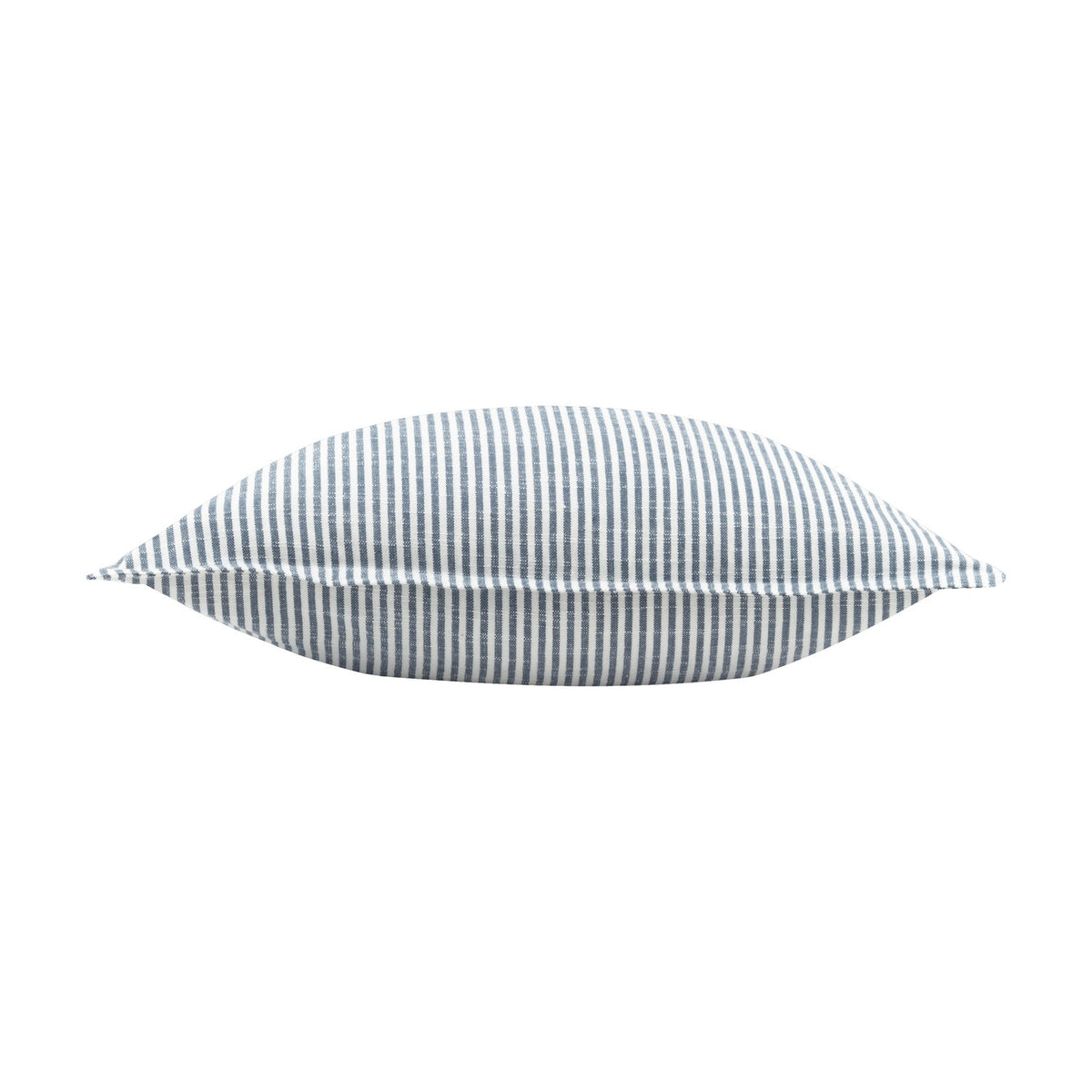 Truro Stripe Reversible Cotton Cushion in Skyline, shown lying flat on its side against a plain white background, with narrow blue and white yarn-dyed stripes on a slub-textured cotton fabric.