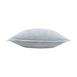 Truro Stripe Reversible Cotton Cushion in Skyline, shown lying flat on its side against a plain white background, with narrow blue and white yarn-dyed stripes on a slub-textured cotton fabric.