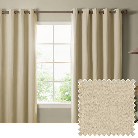 The Ultimate Blackout Plain Woven Eyelet Curtains in custard cream, shown as a pair with metal eyelets on a rod in a living room window, with a fabric swatch inset.