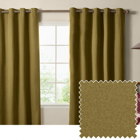 Olive green eyelet curtains in a woven blackout fabric, shown hanging beside a window on a rod, with a fabric swatch inset showing the textured weave.