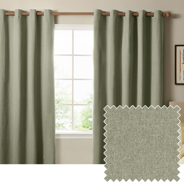 Sage green eyelet blackout curtains with wooden pole and rings hung at a window, shown with a woven fabric swatch featuring fine flecked texture.
