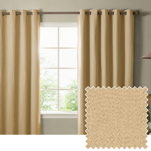 Yellow eyelet curtains with a plain woven blackout fabric, hung on a dark rod either side of a window, with a matching fabric swatch shown in the corner.