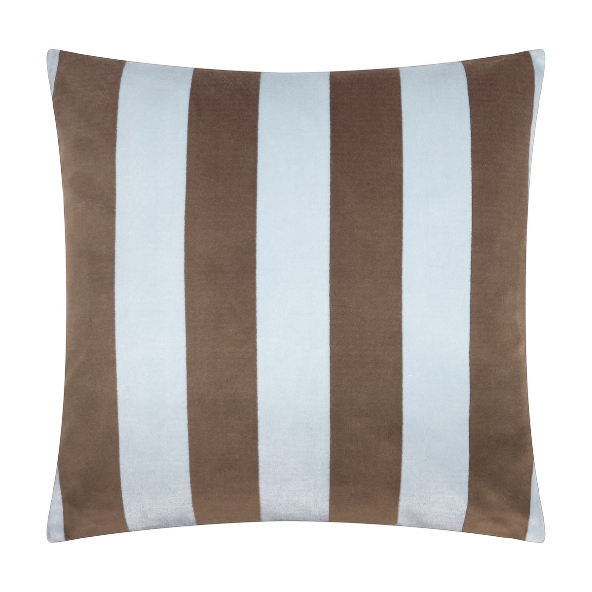 The Ultimate Stripe Jacquard Velvet Cushion in Blueberry Muffin, a 45 x 45cm square cushion with bold alternating brown and pale blue vertical velvet stripes, shown on a plain white background.