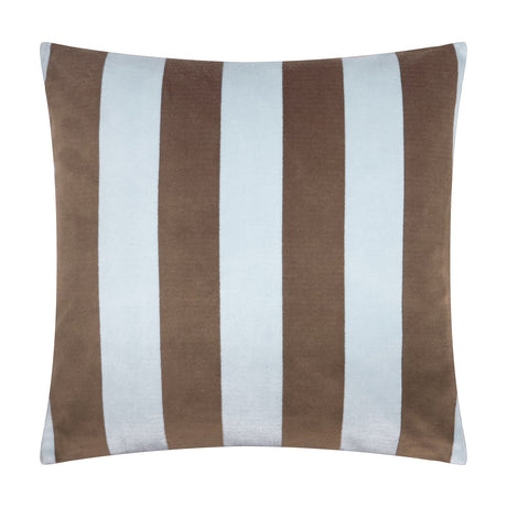 The Ultimate Stripe Jacquard Velvet Cushion in Blueberry Muffin, a 45 x 45cm square cushion with bold alternating brown and pale blue vertical velvet stripes, shown on a plain white background.