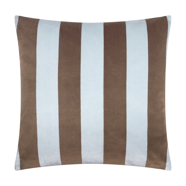The Ultimate Stripe Jacquard Velvet Cushion in Blueberry Muffin, a 45 x 45cm square cushion with bold alternating brown and pale blue vertical velvet stripes, shown on a plain white background.
