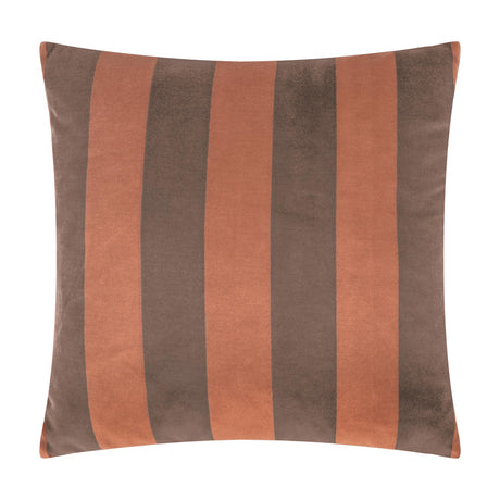 Square jacquard velvet cushion with woven vertical stripes in caramel-brown and deeper chocolate tones, shown against a plain white background.