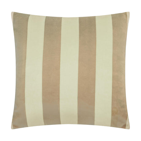 Square 45 x 45cm cushion in striped velvet jacquard, featuring alternating tan and pale green vertical bands, shown against a plain white background.