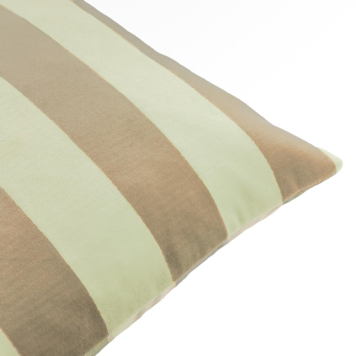 Close-up of The Ultimate Stripe Jacquard Velvet Cushion in Green Tea, showing broad woven stripes in sandy tan and pale green velvet, corner detail against a white background.