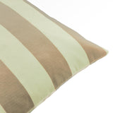 Close-up of The Ultimate Stripe Jacquard Velvet Cushion in Green Tea, showing broad woven stripes in sandy tan and pale green velvet, corner detail against a white background.