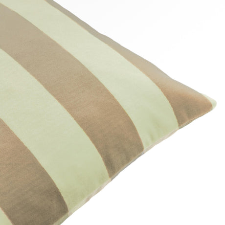 Close-up of The Ultimate Stripe Jacquard Velvet Cushion in Green Tea, showing broad woven stripes in sandy tan and pale green velvet, corner detail against a white background.