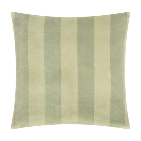 The Ultimate Stripe Jacquard Velvet Cushion in Matcha Latte, a square cushion with woven tone-on-tone green stripes, shown on a plain white background.