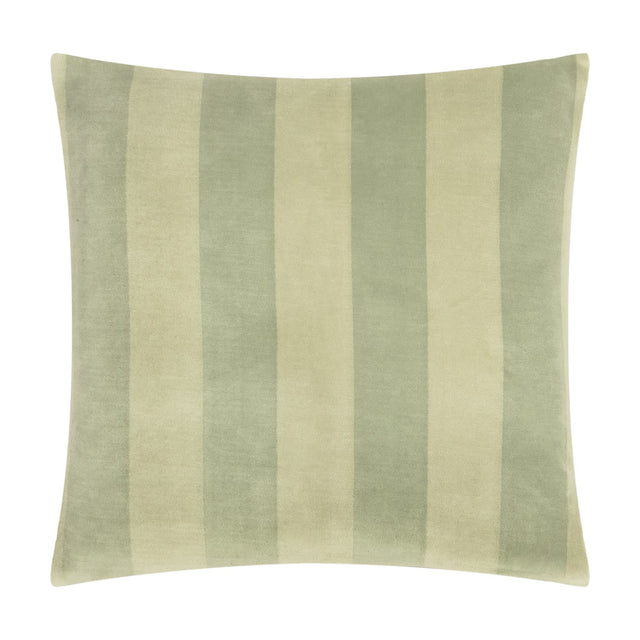 The Ultimate Stripe Jacquard Velvet Cushion in Matcha Latte, a square cushion with woven tone-on-tone green stripes, shown on a plain white background.