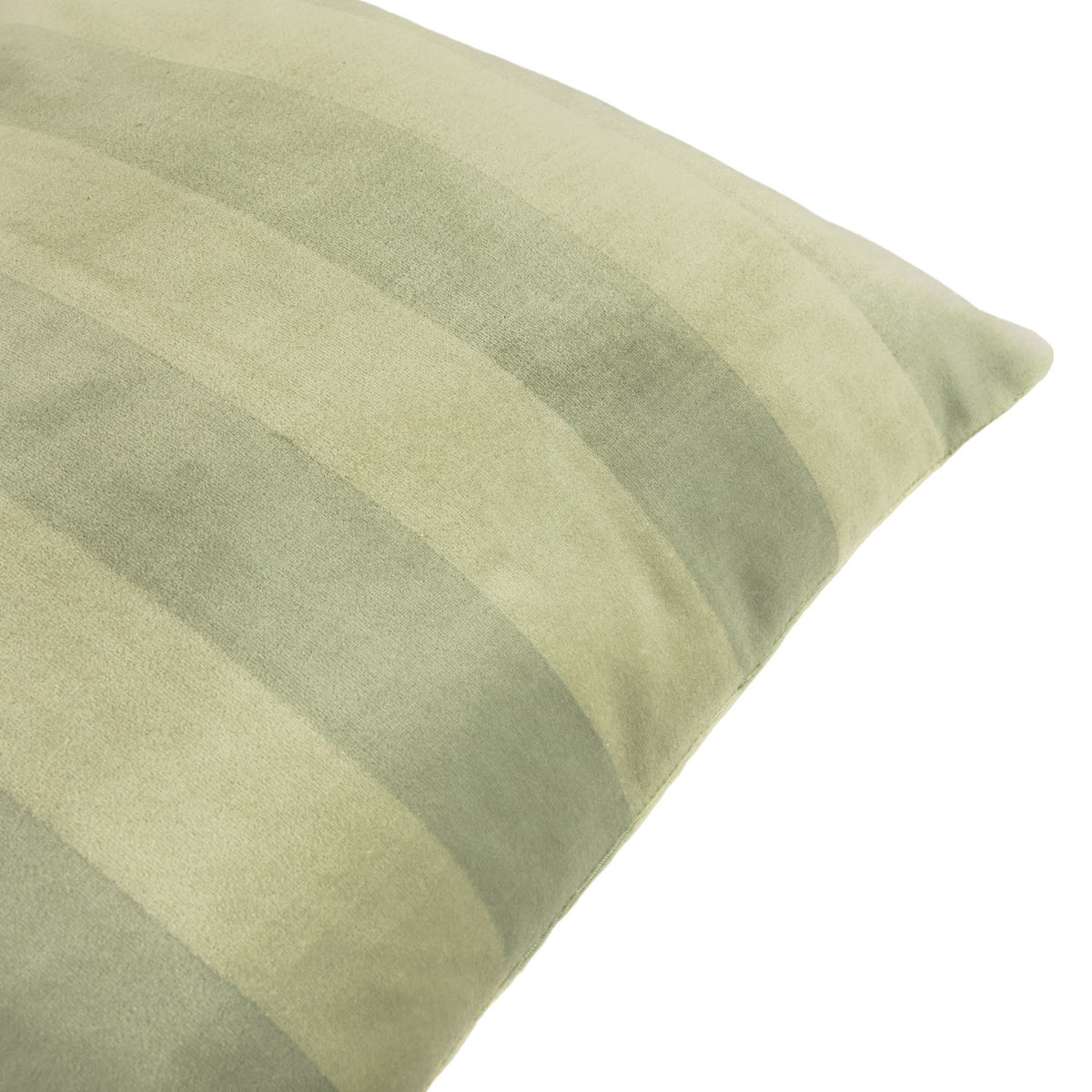 Close-up of The Ultimate Stripe Jacquard Velvet Cushion in Matcha Latte, showing woven tone-on-tone green stripes on soft velvet with a piped edge, set against a white background.