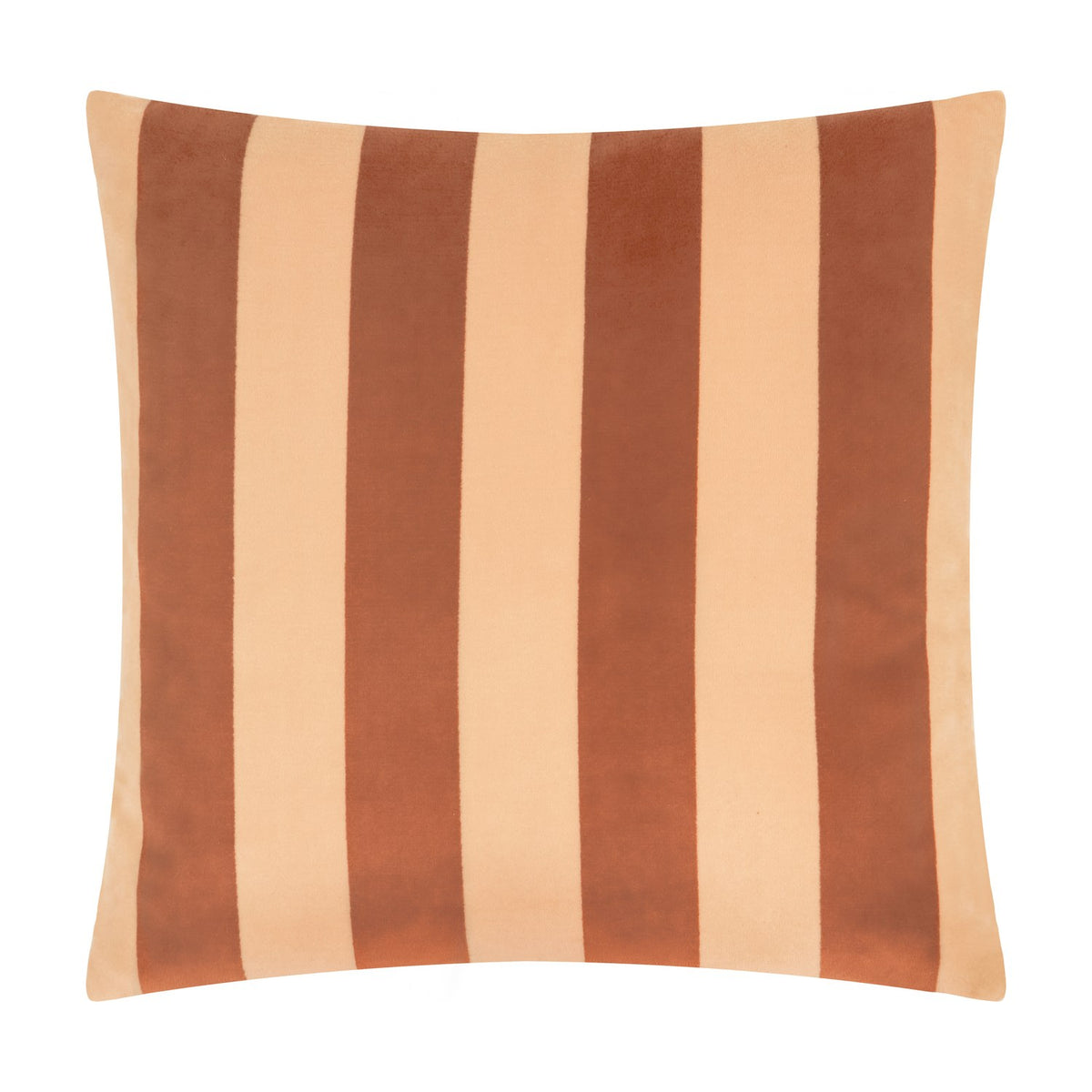 Square jacquard velvet cushion in Pumpkin Spice, featuring alternating wide vertical stripes in peachy caramel and rust terracotta, shown against a plain white background.