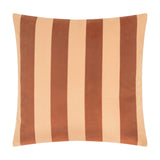 Square jacquard velvet cushion in Pumpkin Spice, featuring alternating wide vertical stripes in peachy caramel and rust terracotta, shown against a plain white background.