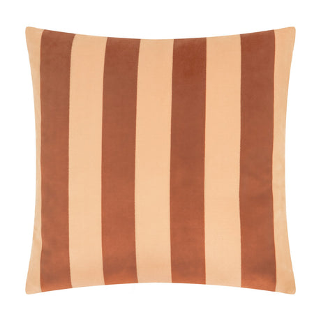 Square jacquard velvet cushion in Pumpkin Spice, featuring alternating wide vertical stripes in peachy caramel and rust terracotta, shown against a plain white background.