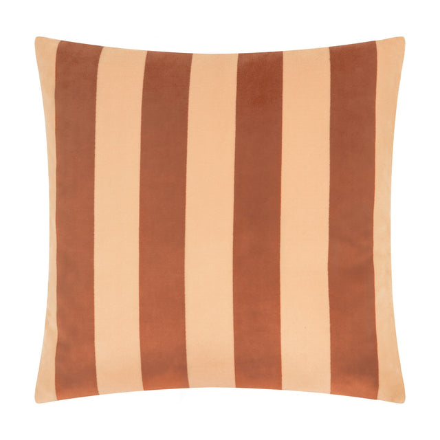 Square jacquard velvet cushion in Pumpkin Spice, featuring alternating wide vertical stripes in peachy caramel and rust terracotta, shown against a plain white background.