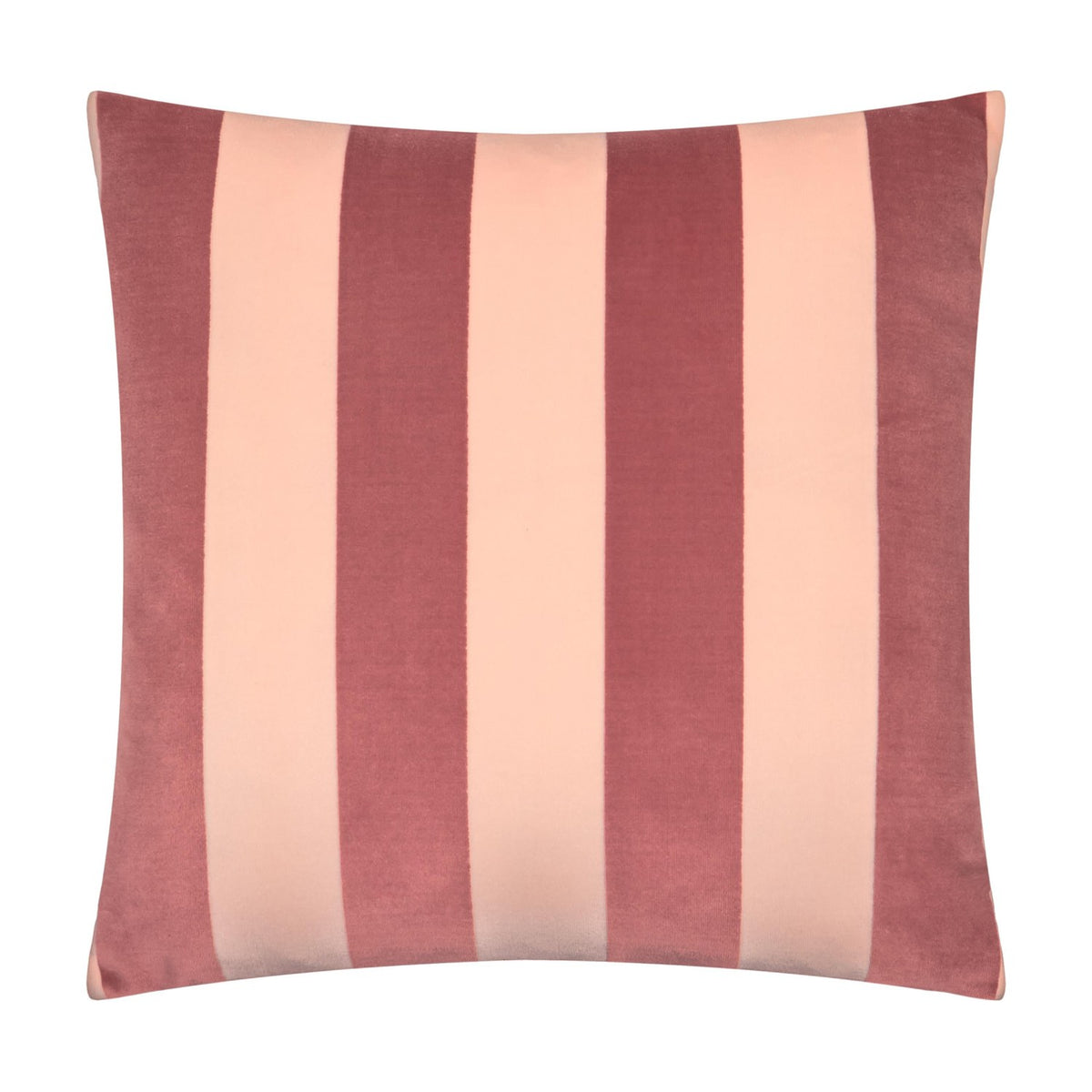 Square velvet jacquard cushion in The Ultimate Stripe design, featuring alternating raspberry rose and blush pink vertical stripes, shown on a plain white background.