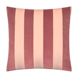 Square velvet jacquard cushion in The Ultimate Stripe design, featuring alternating raspberry rose and blush pink vertical stripes, shown on a plain white background.