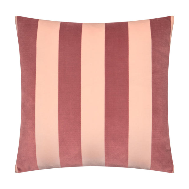 Square velvet jacquard cushion in The Ultimate Stripe design, featuring alternating raspberry rose and blush pink vertical stripes, shown on a plain white background.